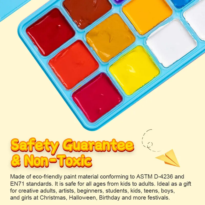 HIMI guašinių dažų rinkinys 18/24 spalvų 30 ml želė puodelis akvarelinių dažų saugai, netoksiški guašiniai dažai su palete dideliems