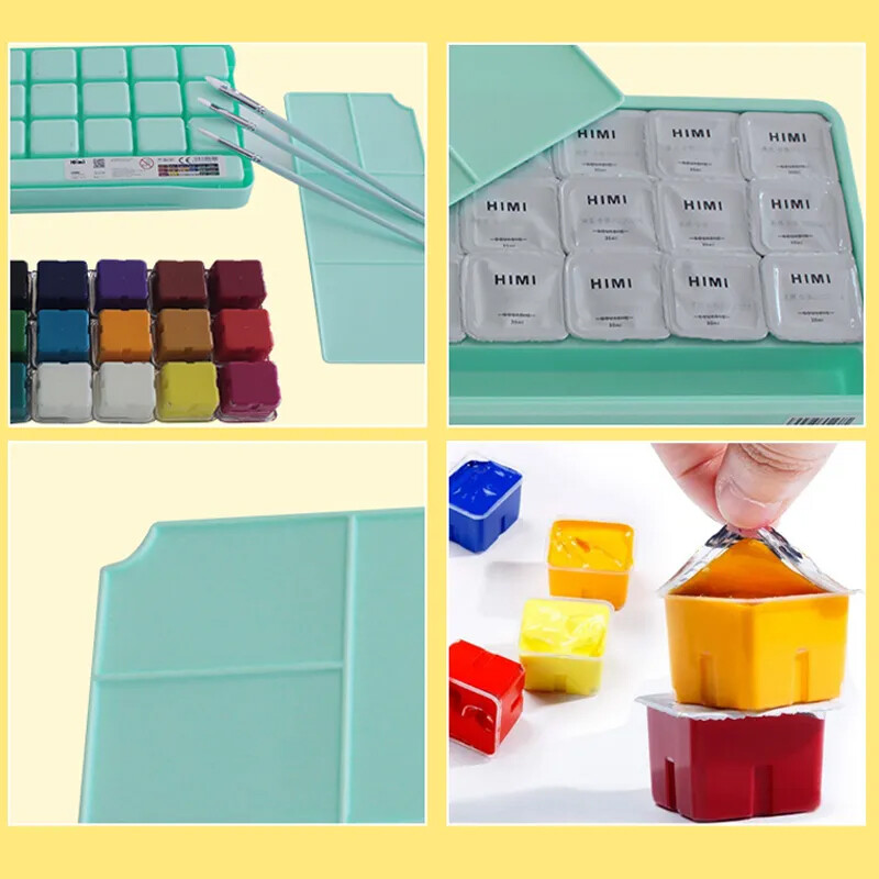 HIMI guašinių dažų rinkinys 18/24 spalvų 30 ml želė puodelis akvarelinių dažų saugai, netoksiški guašiniai dažai su palete dideliems