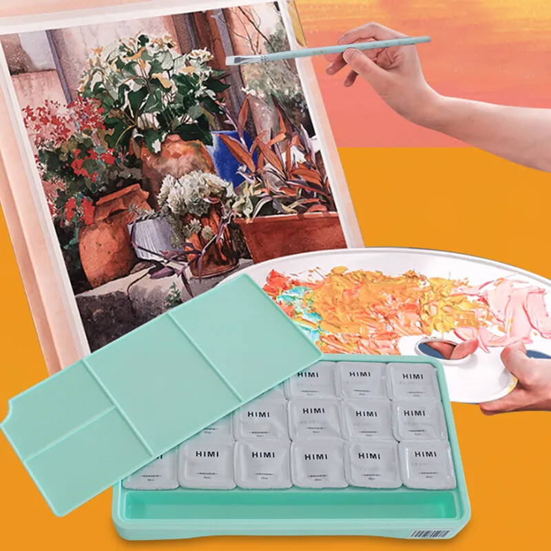 HIMI guašinių dažų rinkinys 18/24 spalvų 30 ml želė puodelis akvarelinių dažų saugai, netoksiški guašiniai dažai su palete dideliems