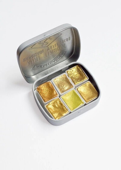 Rankų darbo metaliniai auksiniai blizgantys akvareliniai dažai Nagų dailė tapyba acuarela 6 spalvų rinkinys Studentų reikmenys dailės reikmenys