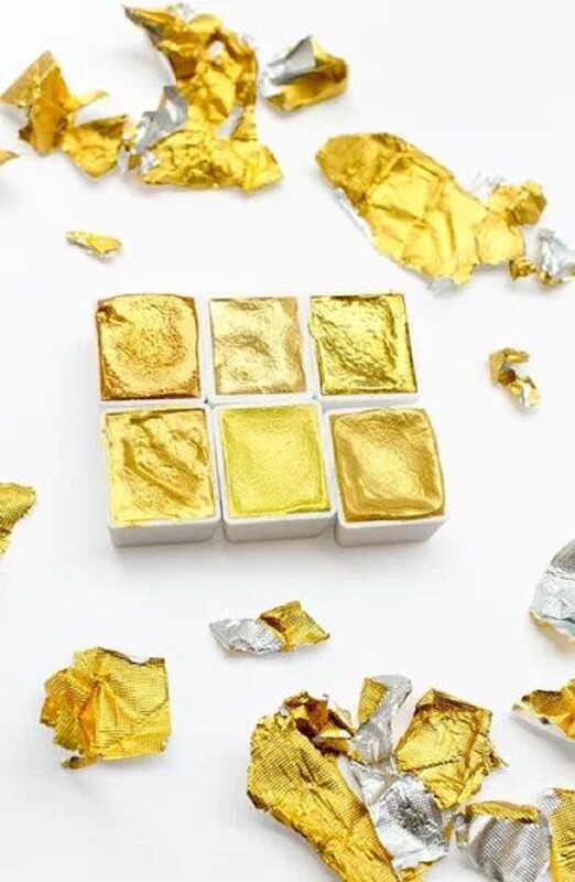 Rankų darbo metaliniai auksiniai blizgantys akvareliniai dažai Nagų dailė tapyba acuarela 6 spalvų rinkinys Studentų reikmenys dailės reikmenys