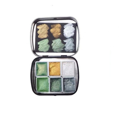 POEZIE profesionalus kieto metalo akvarelinių dažų rinkinys 2 ml 6 spalvų blizgantis akvarelinis dažymas su skardine dėžute tapybos meno reikmenims