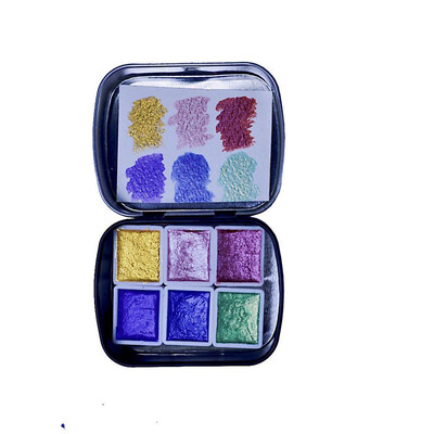 POEZIE profesionalus kieto metalo akvarelinių dažų rinkinys 2 ml 6 spalvų blizgantis akvarelinis dažymas su skardine dėžute tapybos meno reikmenims