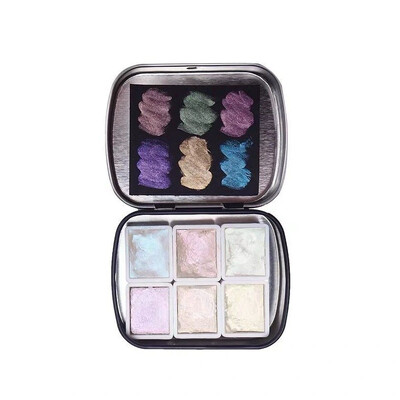 POEZIE profesionalus kieto metalo akvarelinių dažų rinkinys 2 ml 6 spalvų blizgantis akvarelinis dažymas su skardine dėžute tapybos meno reikmenims