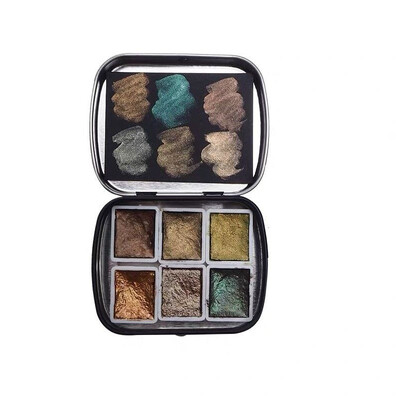 POEZIE profesionalus kieto metalo akvarelinių dažų rinkinys 2 ml 6 spalvų blizgantis akvarelinis dažymas su skardine dėžute tapybos meno reikmenims