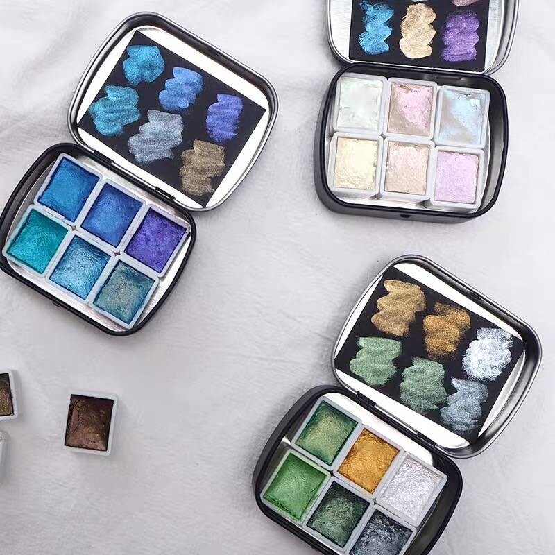 POEZIE profesionalus kieto metalo akvarelinių dažų rinkinys 2 ml 6 spalvų blizgantis akvarelinis dažymas su skardine dėžute tapybos meno reikmenims