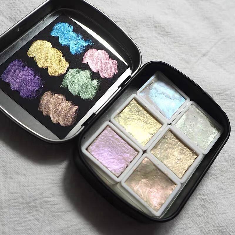 POEZIE profesionalus kieto metalo akvarelinių dažų rinkinys 2 ml 6 spalvų blizgantis akvarelinis dažymas su skardine dėžute tapybos meno reikmenims