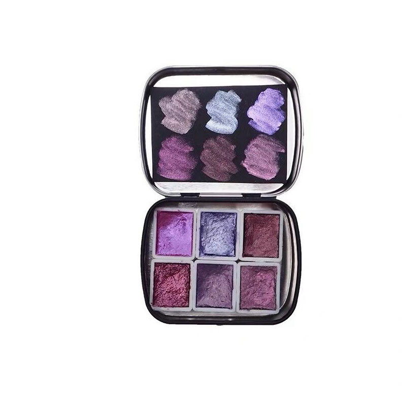 POEZIE profesionalus kieto metalo akvarelinių dažų rinkinys 2 ml 6 spalvų blizgantis akvarelinis dažymas su skardine dėžute tapybos meno reikmenims