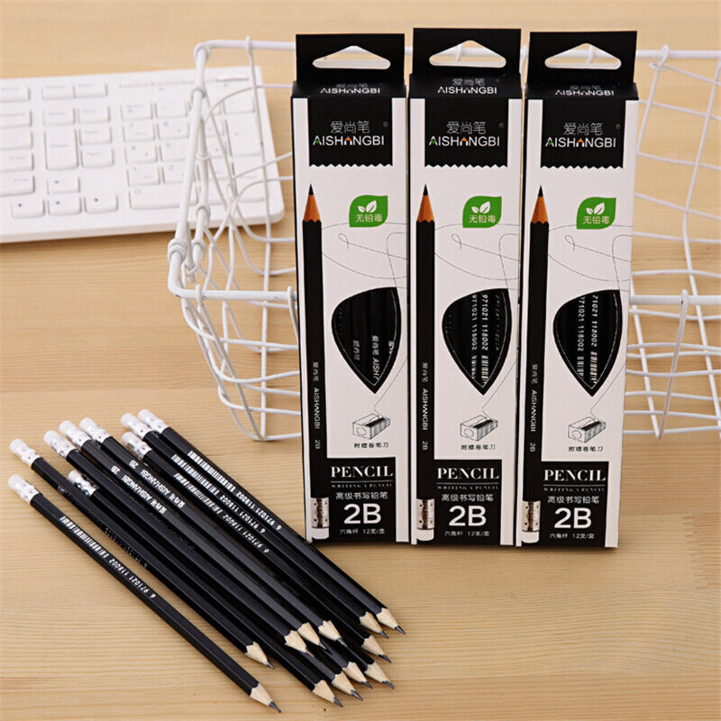12 bucăți/set 2B creioane din lemn de plumb cu gumă de șters Studenți care scriu schiță desen creioane din lemn