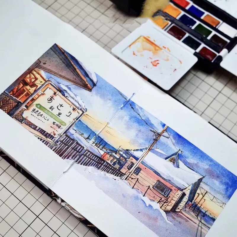 Set de călătorie în acuarelă Winsor Newton, portabil, 12 culori, în jumătate de bloc, schiță de lux specială pentru începători, articole de artă pictate manual