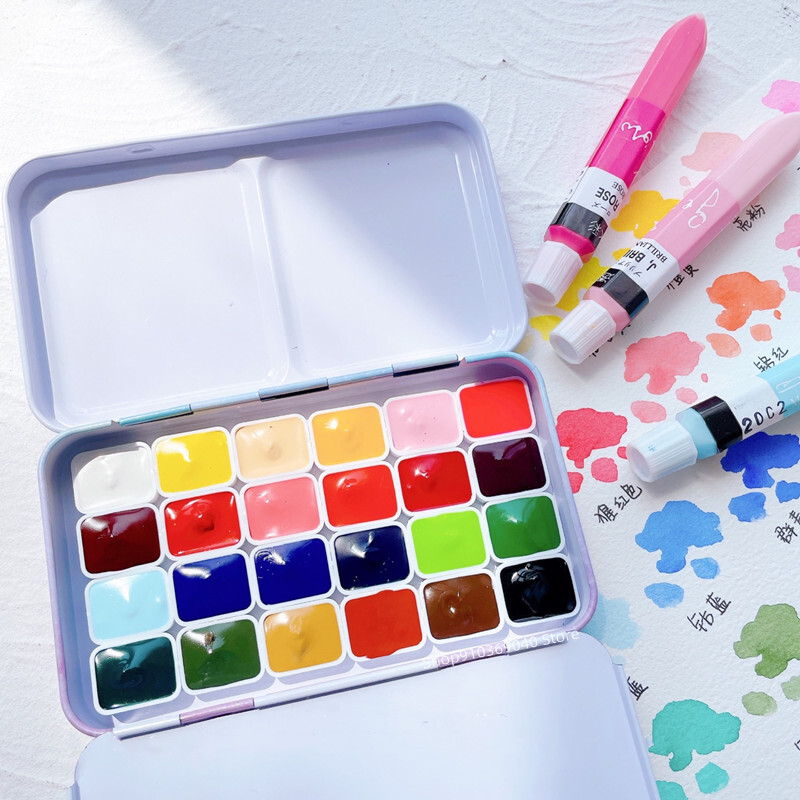 Japonija GEKKOSO Moonlight Village permatomų akvarelinių dažų 24 spalvų Macaron senovinio stiliaus akvarelės meno reikmenys