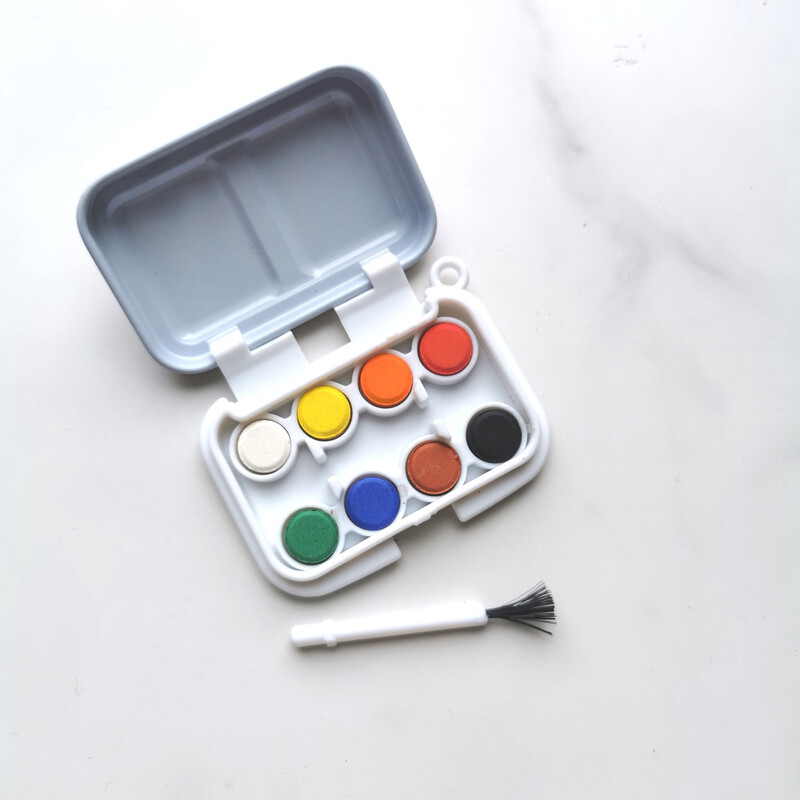 Vaikiška mini 6 tinklelių spalvų dėžutė Nešiojama akvarelės paletė Kelionių tapybos eskizas Drėkinamoji dėžutė Dažų dėžutė Meno reikmenys