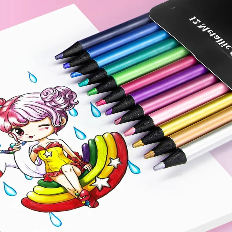 Professionaalsed 12 tk metallist värvilised pliiatsid, must puit, 3,0 mm plii komplekt kunstnikule maalimiseks, joonistamiseks kooli kunstivisandiks.