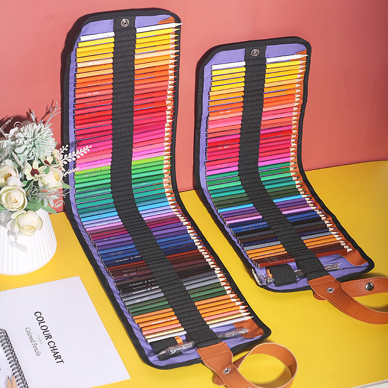 50/72 dalių spalvotų pieštukų rinkinys su susukamu drobiniu dėklu – puikiai tinka suaugusiems mokiniams dažyti, piešti, braižyti eskizus ir kurti