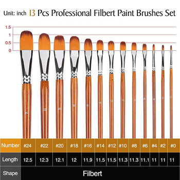 Комплект четки за боядисване Artist Filbert 13 бр. Мек анти-окапващ найлонов косъм Дълга дръжка за акрилно масло Акварелен гваш