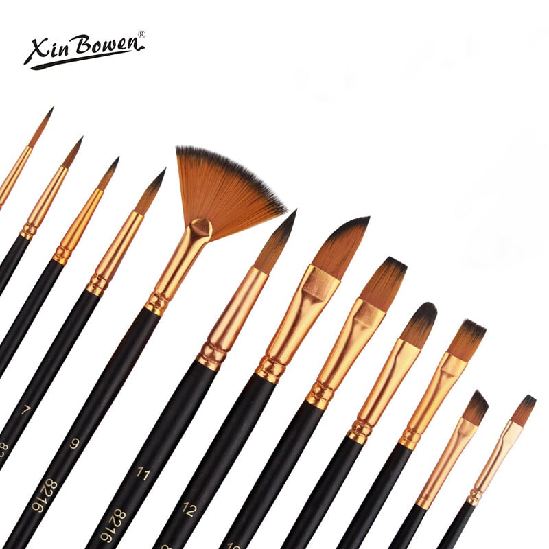 Set de 12 perii din nailon, perii plate din nailon, perii pentru acuarelă, vopsea în ulei, artiști, pictură acrilică amatoare