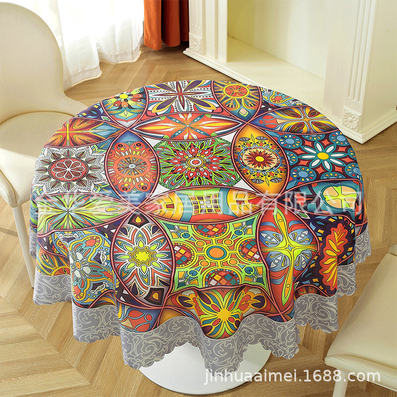 Față de masă rotundă tipărită colorată din poliester în stil boem Compozit EVA Poliester impermeabil și rezistent la ulei Față de masă pentru picnic