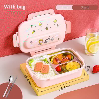 Nerūdijančio plieno vaikų priešpiečių dėžutė Nešiojama Bento dėžutė su stalo įrankiais, studento darbuotojo užkandžių dėžutė vandens pripildyta šildomo terminio maišelio