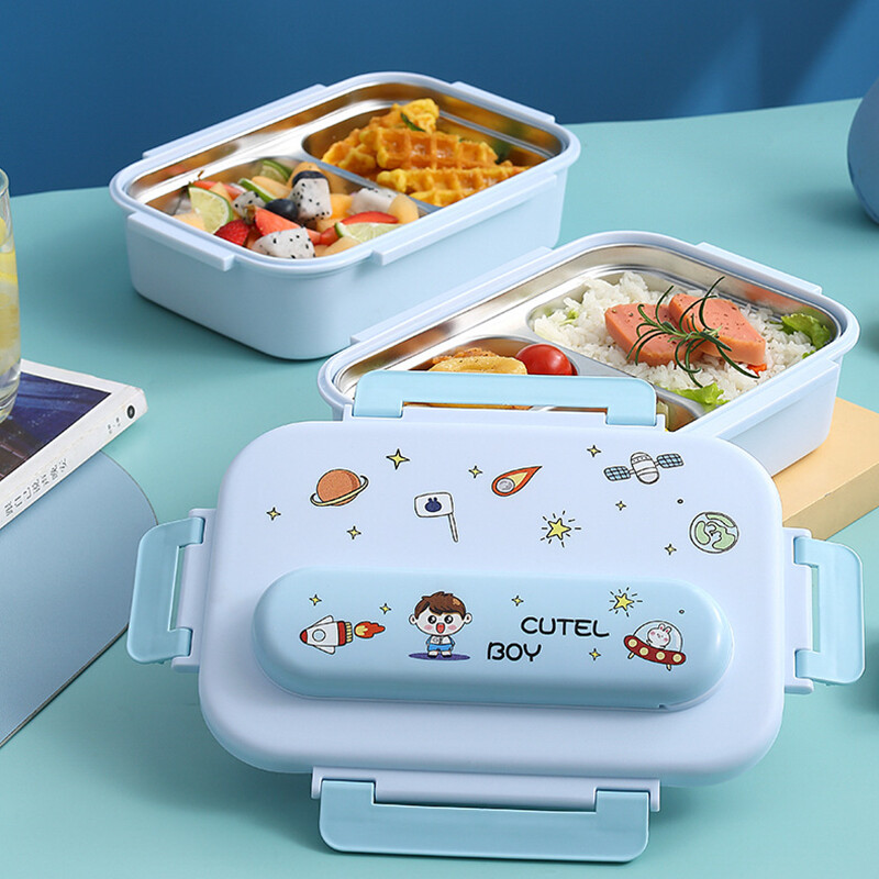 Nerūdijančio plieno vaikų priešpiečių dėžutė Nešiojama Bento dėžutė su stalo įrankiais, studento darbuotojo užkandžių dėžutė vandens pripildyta šildomo terminio maišelio