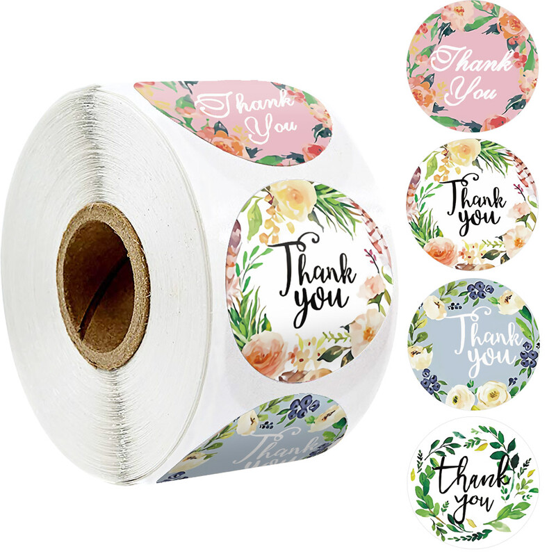 500 tk värviline lilleline tänukleebis 1 tolline ümmargune kujundusega pitseerimissildid käsitsi valmistatud tellimiseks ärikinkekottide ümbrike pitseerimiseks