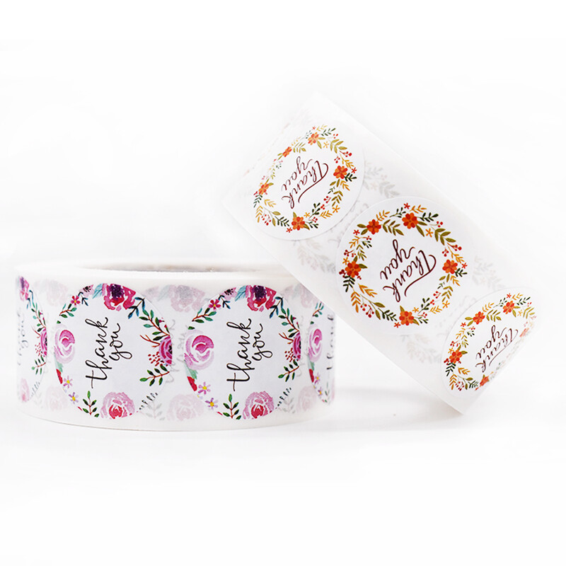 500 tk värviline lilleline tänukleebis 1 tolline ümmargune kujundusega pitseerimissildid käsitsi valmistatud tellimiseks ärikinkekottide ümbrike pitseerimiseks