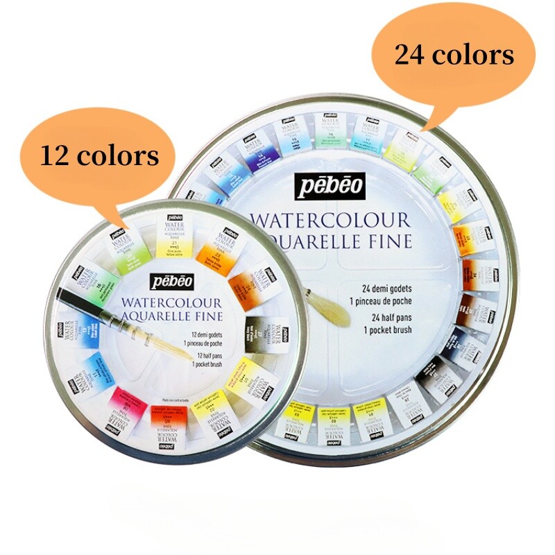 Prantsuse Pebeo tahke akvarellvärv, 12/24 värvi plekkkarbi komplekt, kaasas on Palette Artist Travel kaasaskantavad maalikunstitarbed