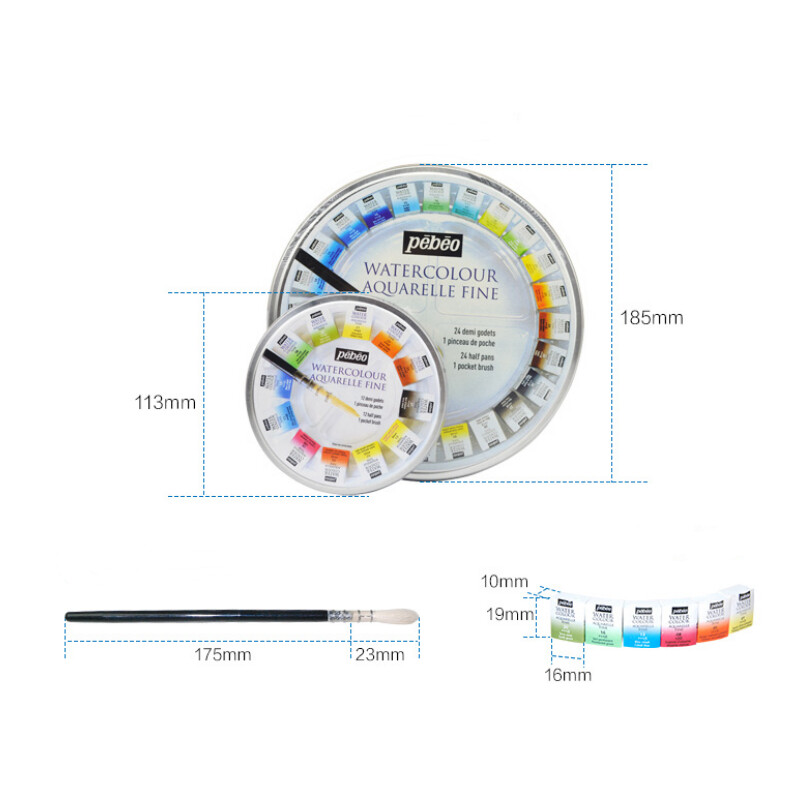 Prantsuse Pebeo tahke akvarellvärv, 12/24 värvi plekkkarbi komplekt, kaasas on Palette Artist Travel kaasaskantavad maalikunstitarbed