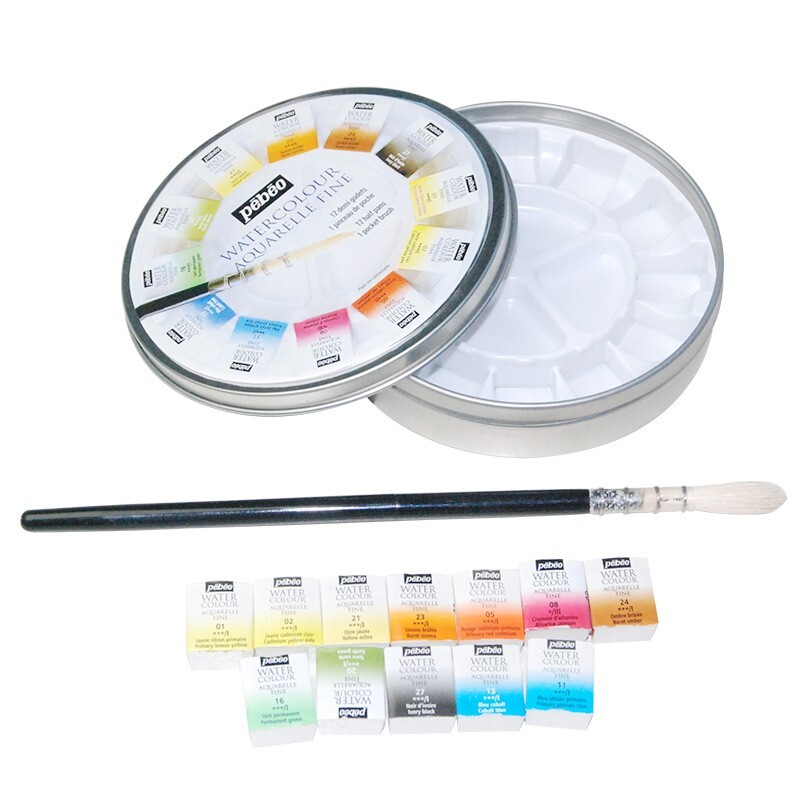 Prantsuse Pebeo tahke akvarellvärv, 12/24 värvi plekkkarbi komplekt, kaasas on Palette Artist Travel kaasaskantavad maalikunstitarbed
