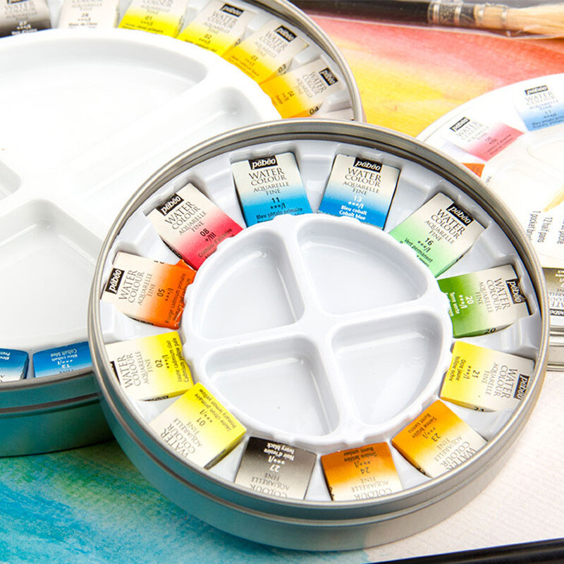 Prantsuse Pebeo tahke akvarellvärv, 12/24 värvi plekkkarbi komplekt, kaasas on Palette Artist Travel kaasaskantavad maalikunstitarbed