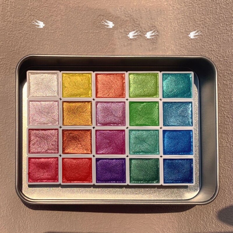 20 värvi pärlmuttervärvi akvarellvärvide komplekt metallikvärvide säraga akvarellvärvide palett Kunstitarbed kaasaskantavad