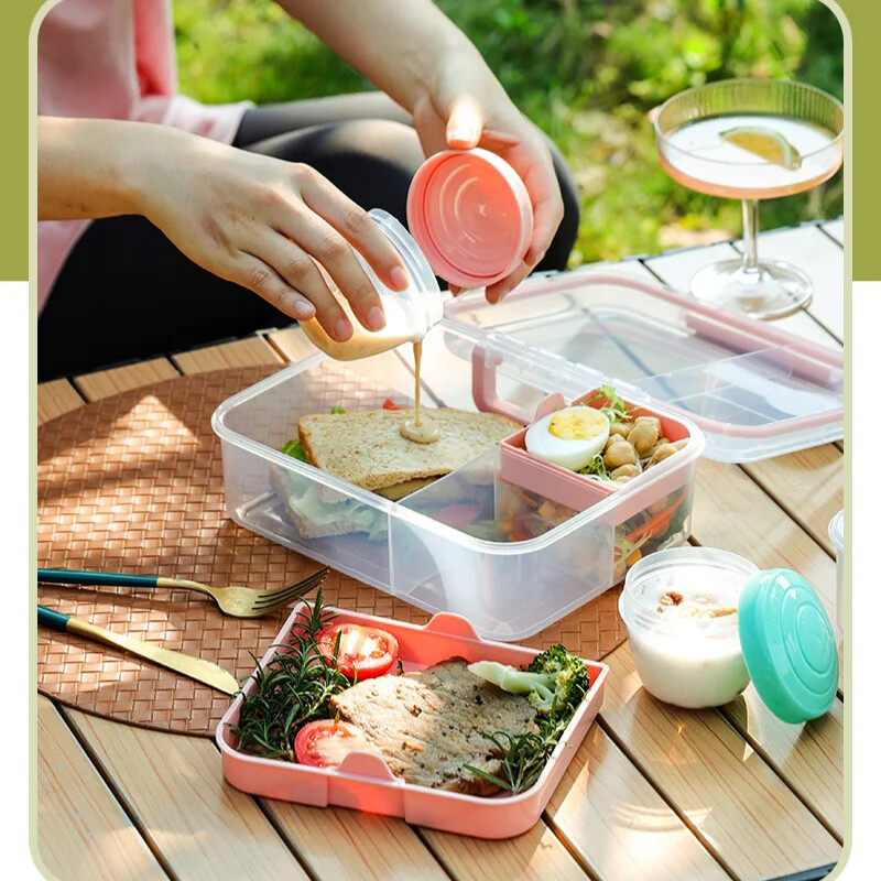 Преносима кутия за обяд с кутия за сос Деца Ученици Офис Пластмасови кутии Бенто Контейнери за салата Пикник на открито Съхранение на храна