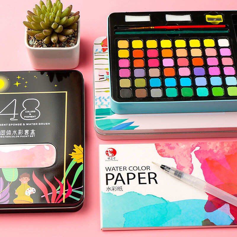 36/48 Tvirtas akvarelės geležinės dėžutės dažų rinkinys su dažų šepetėliu Akvarelinio popieriaus pigmento nešiojamas piešimo rinkinys, dovanų meno reikmenys