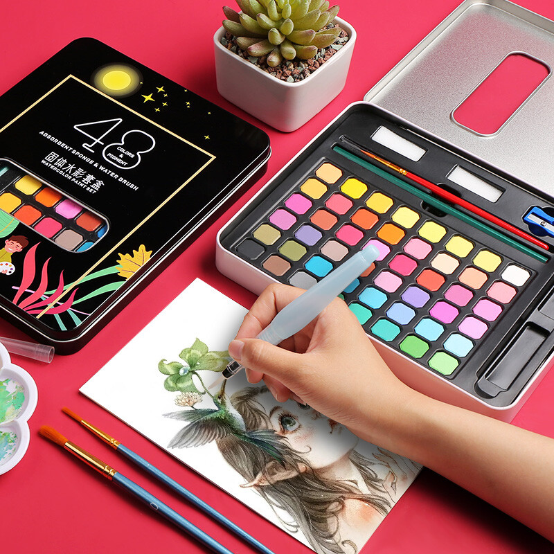 36/48 Tvirtas akvarelės geležinės dėžutės dažų rinkinys su dažų šepetėliu Akvarelinio popieriaus pigmento nešiojamas piešimo rinkinys, dovanų meno reikmenys