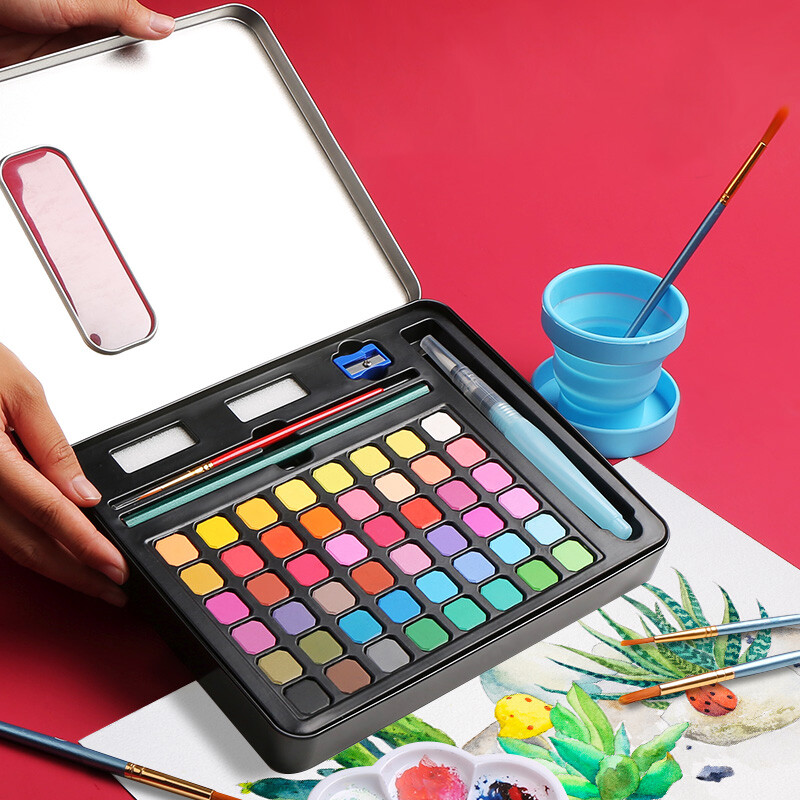 36/48 Tvirtas akvarelės geležinės dėžutės dažų rinkinys su dažų šepetėliu Akvarelinio popieriaus pigmento nešiojamas piešimo rinkinys, dovanų meno reikmenys