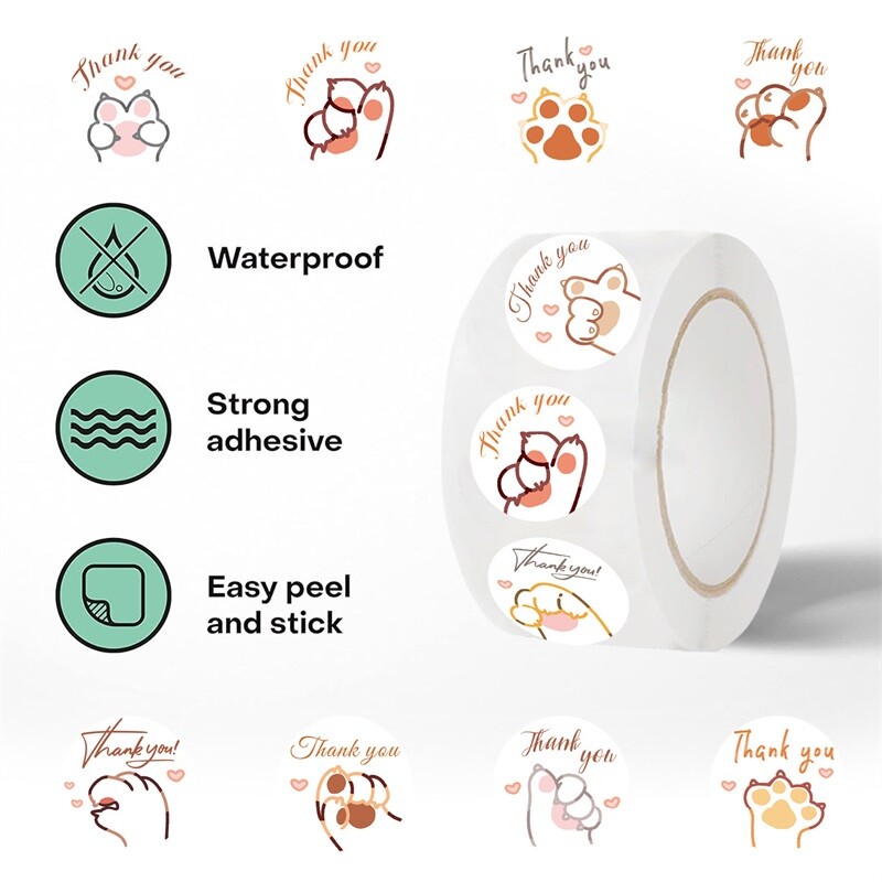 500 de bucăți etichete de hârtie cu gheare de pisică drăguțe, autocolant mulțumesc, etanșare, decorare DIY, pentru albume de albume, articole de papetărie, consumabile de contabilitate manuală