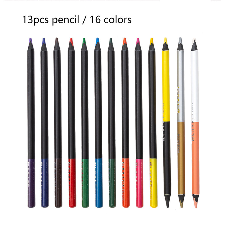 13 creioane colorate din lemn negru cu ascuțitor, desene pentru studenți Kawaii, triunghi artistic non-toxic Set de creioane cu două capete pentru copii