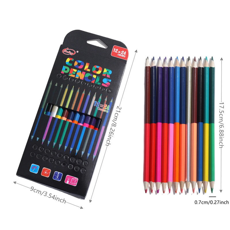12 tk värvilised pliiatsid kahepealised 24 värvilised pliiatsid puidust värvilised pliiatsid kirjatarvete joonistamiseks õpilase koolitarbed