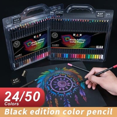 Set de creioane H&B Colores Rechizite de artă pe bază de ulei Bretele din lemn negru 24/50 Instrument de pictură în culori 3.3MM Miez de plumb desenat manual pentru școală