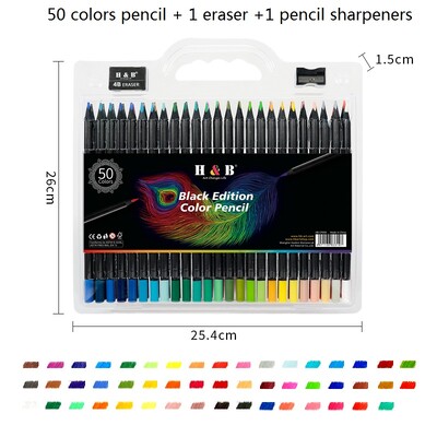 Set de creioane H&B Colores Rechizite de artă pe bază de ulei Bretele din lemn negru 24/50 Instrument de pictură în culori 3.3MM Miez de plumb desenat manual pentru școală