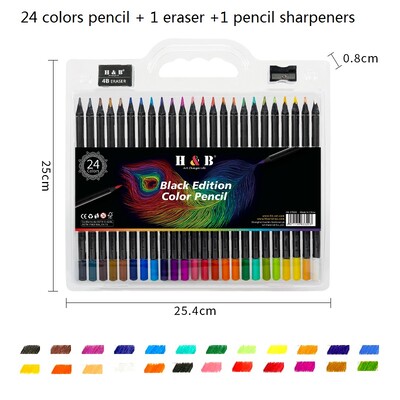 Set de creioane H&B Colores Rechizite de artă pe bază de ulei Bretele din lemn negru 24/50 Instrument de pictură în culori 3.3MM Miez de plumb desenat manual pentru școală