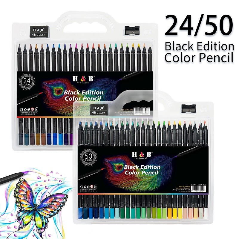Set de creioane H&B Colores Rechizite de artă pe bază de ulei Bretele din lemn negru 24/50 Instrument de pictură în culori 3.3MM Miez de plumb desenat manual pentru școală