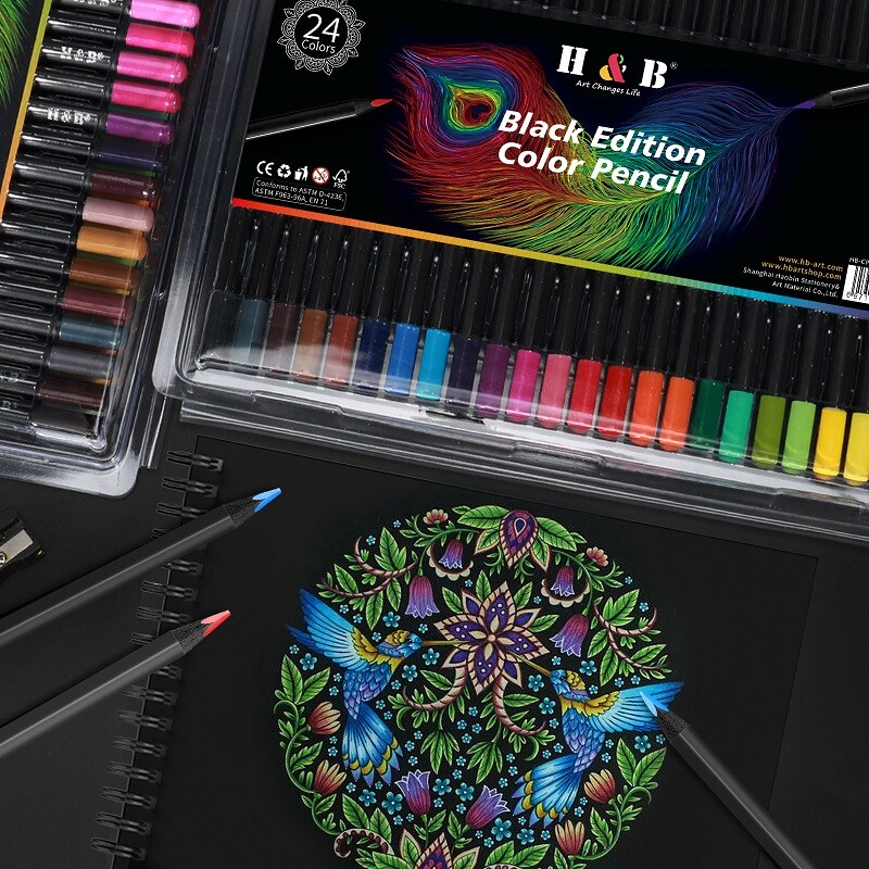 Set de creioane H&B Colores Rechizite de artă pe bază de ulei Bretele din lemn negru 24/50 Instrument de pictură în culori 3.3MM Miez de plumb desenat manual pentru școală