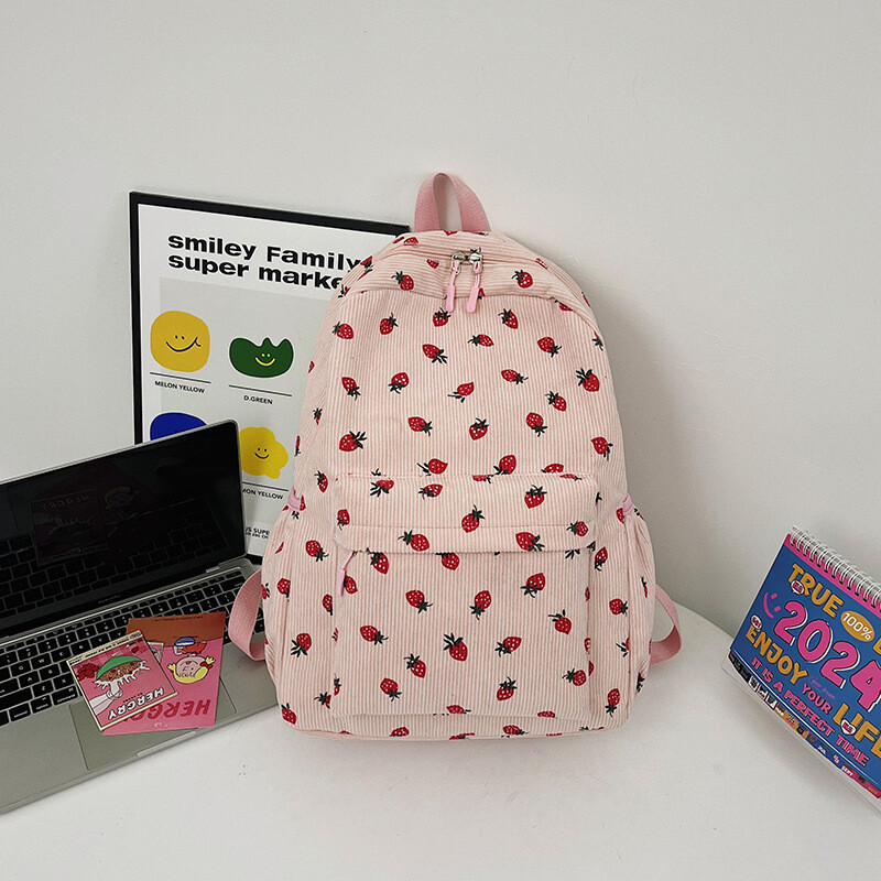 Rucsac din velur, căpșuni, ghiozdan pentru studenți, cu buzunare multiple pentru adolescenți, curea reglabilă pentru notebook, în aer liber, mochile școlare