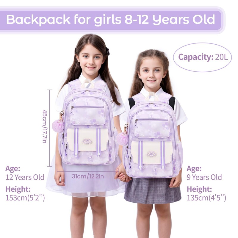 Geantă de școală 20 litri Rucsac pentru fetiță Geantă de școală Kawaii cu pandantiv Geantă de școală din nailon rezistentă la apă pentru copii