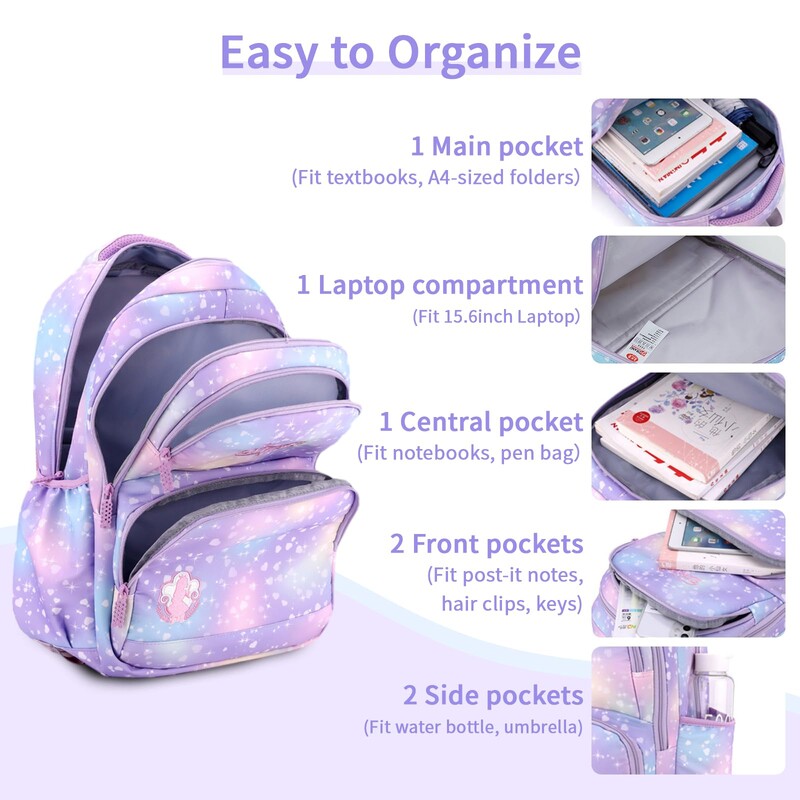 3-osaline koolikott tüdrukutele koos lõunakoti pliiatsikastiga 22-liitrine hingav koolikott, teismeliste tüdrukute seljakott 3–9 klassi jaoks