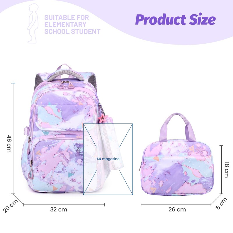 NOU rucsac de școală pentru fete, adolescenți, copii, școală elementară, rucsac ușor de 3 bucăți cu geantă de prânz și cutie de creion