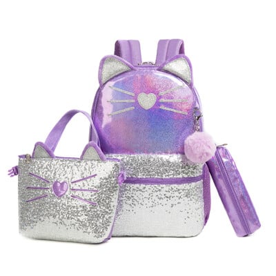 НОВИ 3бр. Детски раници за момичета 17" ученическа чанта с кутия за обяд Ученическа раница за момичета Комплект Сладка чанта за книги за детска градина