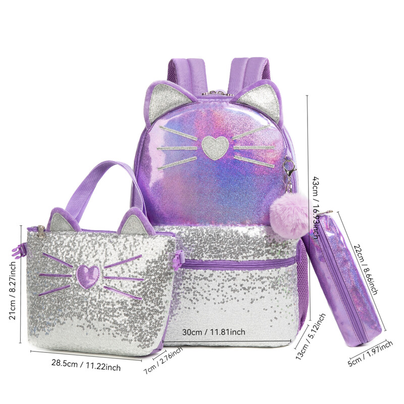 НОВИ 3бр. Детски раници за момичета 17" ученическа чанта с кутия за обяд Ученическа раница за момичета Комплект Сладка чанта за книги за детска градина