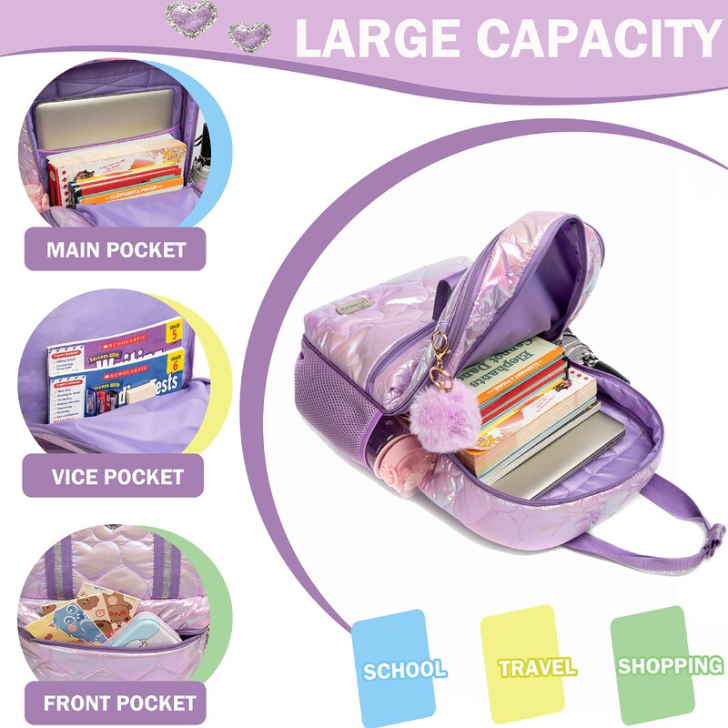 Girls Love mugursomu komplekti 3 gab pusaudžu pusaudžu mugursomām ar pusdienu kastīti, kas piemērotas pamatskolas un vidusskolas bērniem