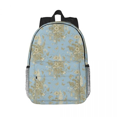 Modro-zlatý kvetinový batoh Toile De Jouy pre mužov a ženy, vodeodolná školská taška s botanickým vzorom a potlačou